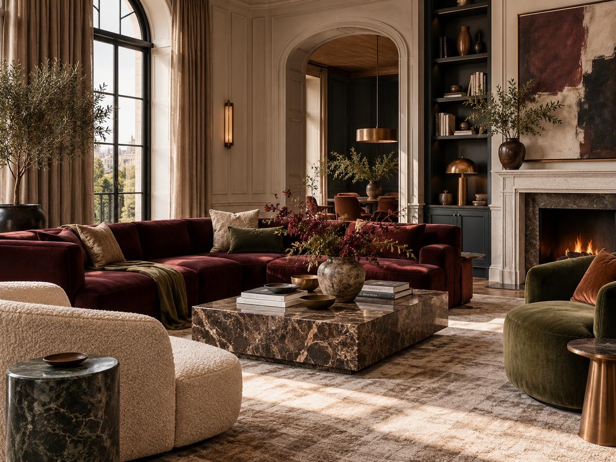 Rich burgundy and olive colour palettes in luxury interior design for 2027